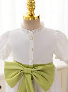 Ramadan/New Year Young Girl Wedding Flower Girl Dress, White Satin Soft Princess Dress, Paired With Green Dimensional Bow Party Dress - White - View 6