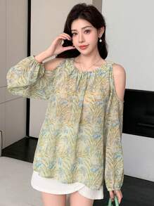 DAZY Ditsy Floral Vacation Blouse, Loose Fit Open Shoulder Long Sleeve Shirt For Women, Spring/Summer,Fall Clothes Graphic Tee - Green - View 6