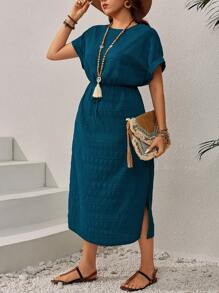 EMERY ROSE Đầm thường ngày đơn giản cổ tròn tay ngắn màu trơn cỡ lớn, trang phục mùa hè cho phụ nữ/mùa hè, trang phục kỳ nghỉ nhiệt đới cho phụ nữ - Màu xanh lá cây đậm - Xem 5