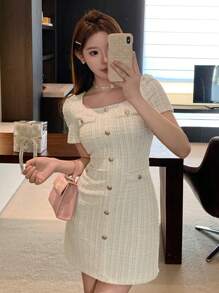 DAZY Square Neck Textured Button Decor Women Short Dress