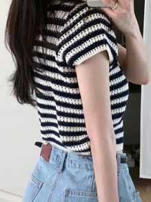 DAZY Women Colorblock Round Neck Short Sleeve Knit Top, Black And White, Spring/Summer - Black and White - View 2