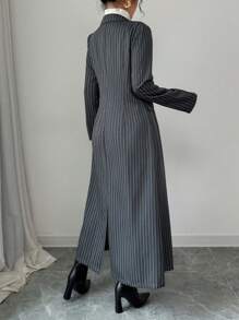 Elenzga Abrigo largo abotonado con cuello solapa y estampado de rayas blancas y grises para mujer - Gris - Ver 2