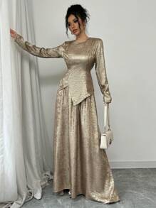 Elenzga 2 件套女士优雅金属金色圆领长袖收腰不对称下摆 A 字形连衣裙 - 金色 - 查看 1