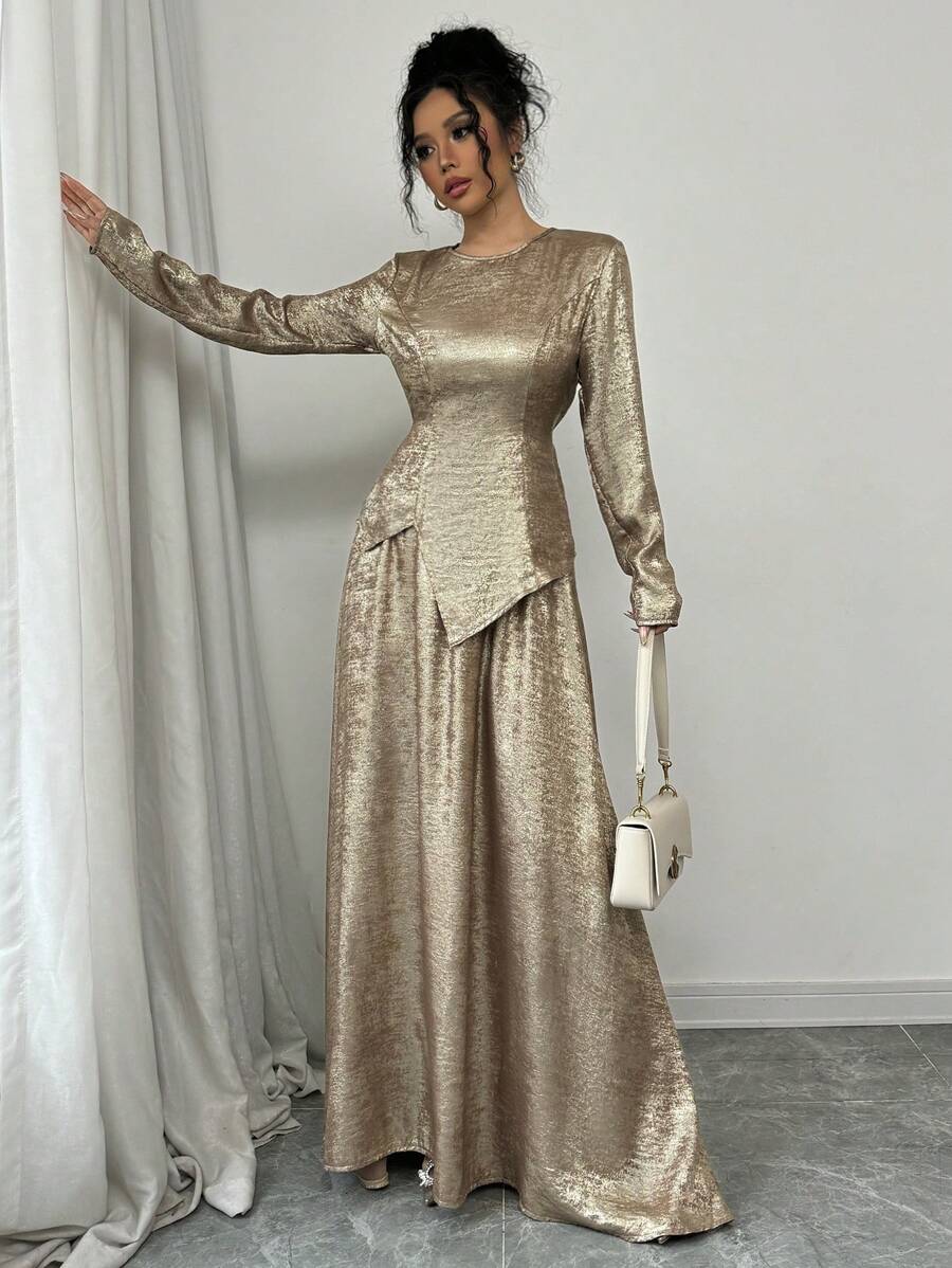 Elenzga 2 件套女士优雅金属金色圆领长袖收腰不对称下摆 A 字形连衣裙 - 金色 - 查看 1
