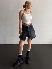 DAZY Quần váy denim nữ dáng bất đối xứng có túi - Rửa tối - Xem 3