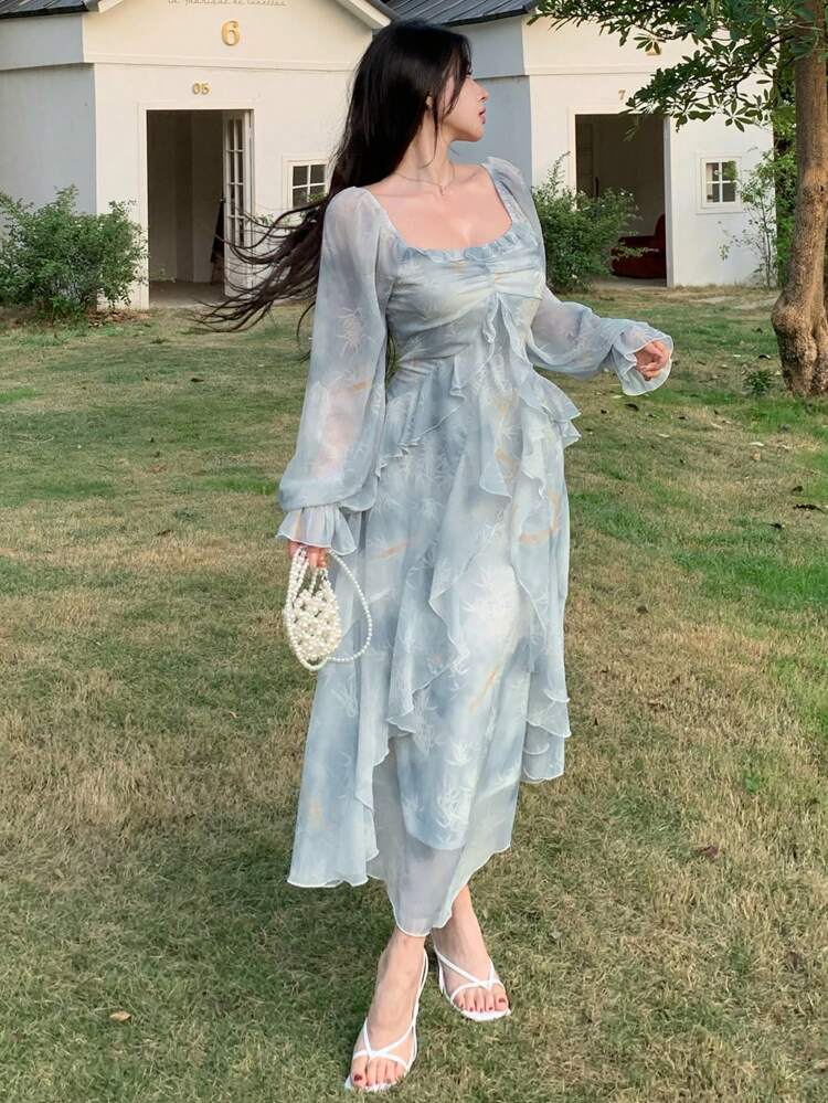 Nuevo vestido de verano con estampado de plantas, cintura recogida, diseño de vestido de musa, vestido largo para mujer para vacaciones, volantes de otoño, vestido maxi floral de invierno