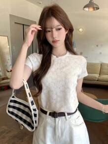 DAZY Women's Casual Textured Fabric Slightly Loose Fit T-Shirt, Summer - White - View 8