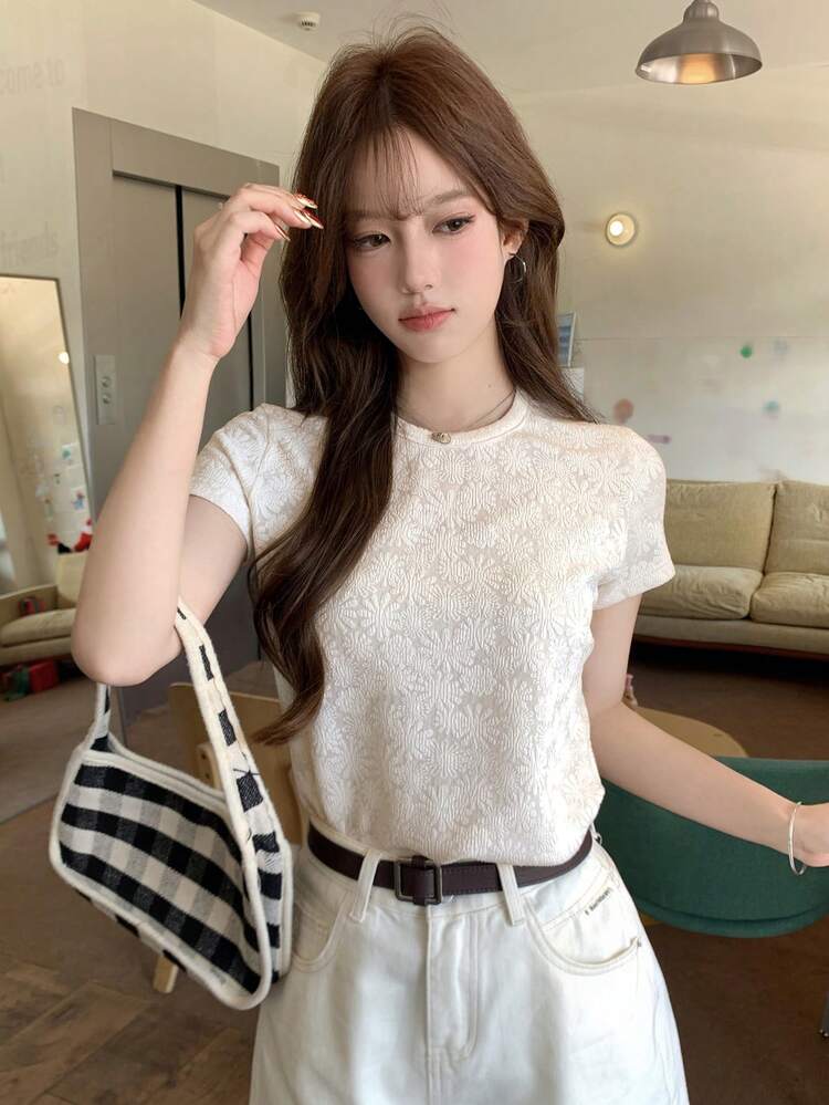 Women's Casual Textured Fabric Slightly Loose Fit T-Shirt, Summer