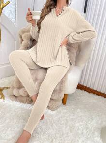 Women Solid Color Ribbed Quarter Button Top & Pants Home Wear Lounge Suit Cozy Outfit, Fall Winter Clothes - Apricot - View 1