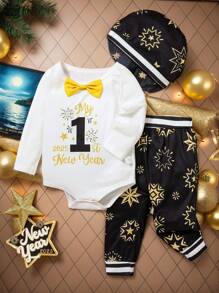 1st New Year 3pcs/Set Baby Boy Bodysuit, Pants, Hat, Holiday Festive Color-Blocking & Pattern, White With Black & Gold