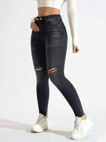 SHEIN EZwear Women's Casual Ripped Fitted Washed Denim Jeans - Grey - View 4