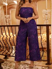 SHEIN VCAY Plus Size Purple Floral Print Tube Top Waist Cinched Waist Wide Leg Jumpsuit, Party Holiday Casual Maxi Jumpsuit - Purple - View 6