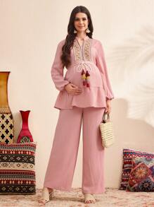 SHEIN 2pcs/Set Maternity Fringe Waist Patchwork Lantern Sleeve Shirt And Pants Set - Pink - View 5