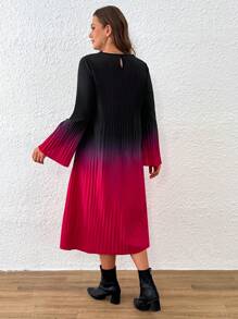 SHEIN LUNE Đầm xòe xếp ly cổ tròn tay dài Ombre cỡ lớn cho nữ - màu đen - Xem 2