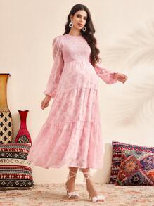 SHEIN Puff Sleeve Jacquard Waist Maternity Dress, Pink - Pink - View 4