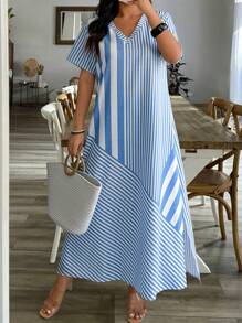 SHEIN LUNE Plus Size Women V-Neck Short Sleeve Loose Striped Splice Casual Dress