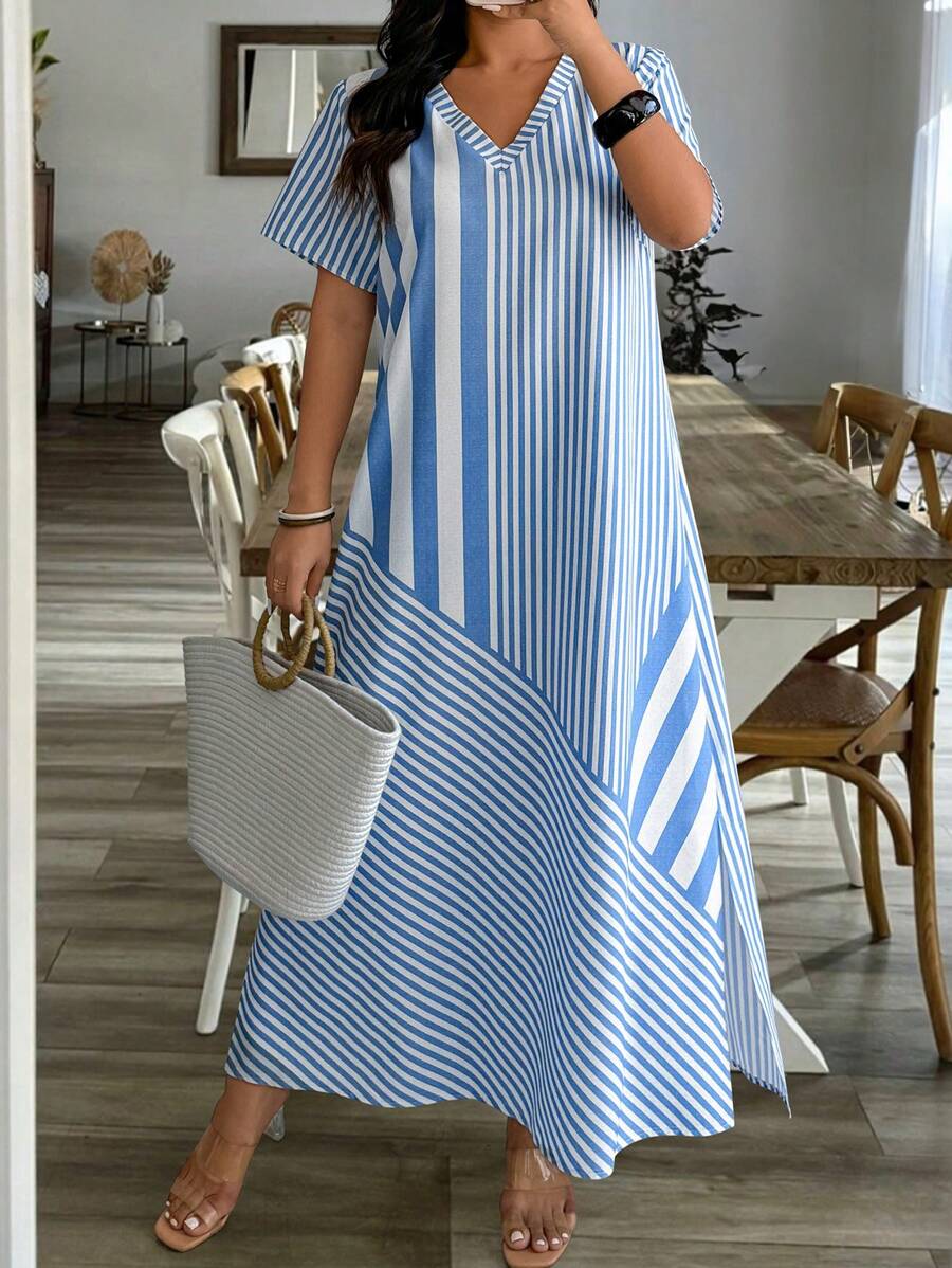SHEIN LUNE Plus Size Women V-Neck Short Sleeve Loose Striped Splice Casual Dress