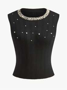 Poéselle 优雅仿珍珠装饰修身针织背心上衣，黑色，新年，喜庆，漂亮上衣，闪光上衣，女士冬季服装 - 黑色 - 查看 1