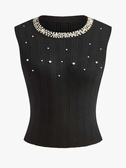 Poéselle Elegant Faux Pearl Embellished Slim Fit Tank Knit Top , Black , New Year , Festive , Pretty Top, Glitter Top, Winter Clothing For Women