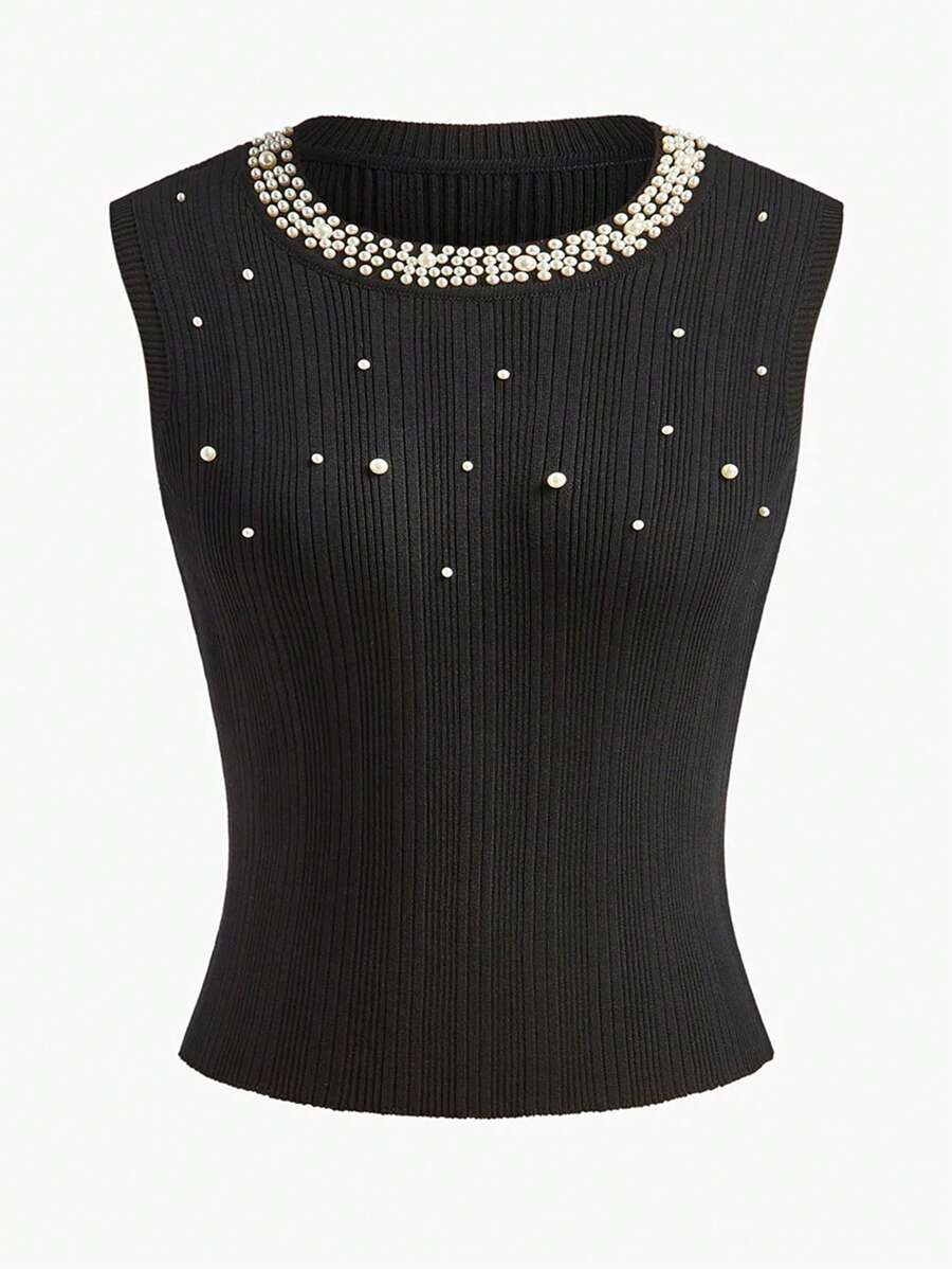 Poéselle 优雅仿珍珠装饰修身针织背心上衣，黑色，新年，喜庆，漂亮上衣，闪光上衣，女士冬季服装 - 黑色 - 查看 1
