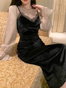 DAZY 女士拼色长裙，全新秋季系列舞会礼服优雅长袖连衣裙 - 黑色 - 查看 9