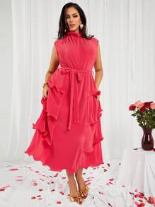 SHEIN SXY Vestido de línea A de talla grande con cuello alto, volantes y encaje en color rojo rosa para el Día de San Valentín, apropiado para uso diario, vacaciones, playa, cita, fiesta de cumpleaños, fiesta de despedida de soltera, fiesta, baile, cita en pareja, elegante, casual, compras, uso diario, al aire libre, coqueto, fácil de combinar y estiliza la figura.