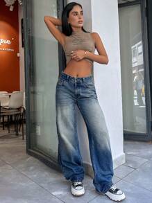 EURMUSE 100% Baumwolle einfarbige hohe Taille Vintage Waschung Gerade Jeans - Mittele Waschung - Übersicht 4