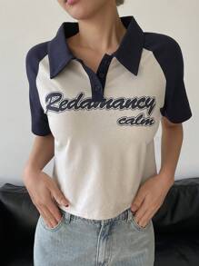 DAZY Loose Colorblock Patchwork Letter Print Graphic Street Style Women T-Shirt Summer,Crop Tops Women - Brown - View 8