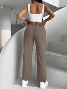 Zolique Women's Solid Color Waist Tie Pocket Toothpick Pattern Design Casual Sweatpants - Khaki - View 2