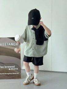 SHEIN Little Byeori 2 件年轻男孩休闲时尚舒适简约百搭宽松柔软短袖衬衫和短裤套装，适合春夏季、日常、运动、郊游、学校、聚会、节日、摄影、韩式