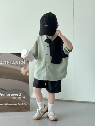 SHEIN Little Byeori 2pcs Young Boy Casual Stylish Comfortable Simple Versatile Loose Fit Soft Short Sleeve Shirt & Shorts Set, Suitable For Spring/Summer, Daily, Sports, Outings, School, Gatherings, Festivals, Photography, Korean Style