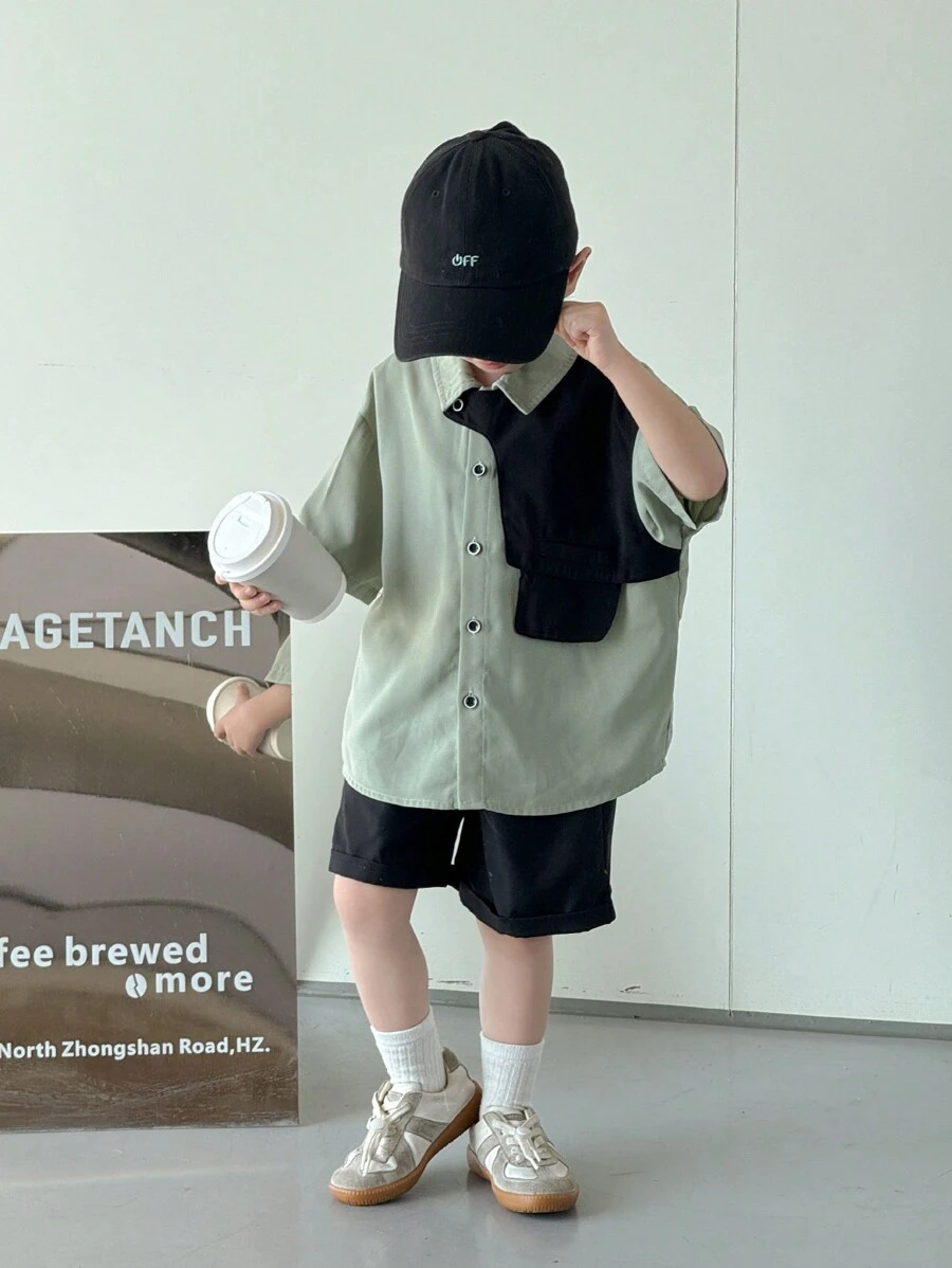 SHEIN Little Byeori 2 件年轻男孩休闲时尚舒适简约百搭宽松柔软短袖衬衫和短裤套装，适合春夏季、日常、运动、郊游、学校、聚会、节日、摄影、韩式