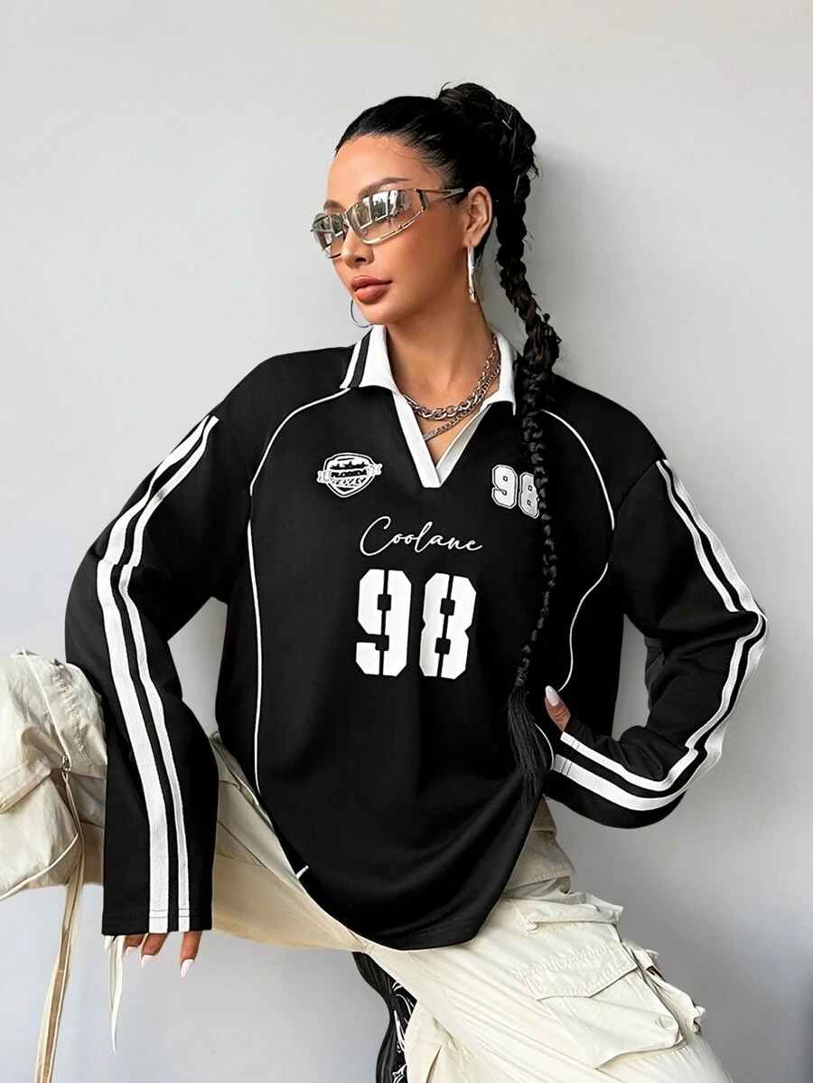 Coolane Women's Fall/Winter Streetwear Going Out Sportswear Graphics Over Size Long Sleeve Black Jersey T-Shirt - Black - View 1