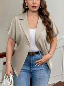 SHEIN Privé Plus Size Women Elegancka prosta jednokolorowa swobodna krótka rękaw dekolt w serek pojedynczy guzik w pasie ściągana talia khaki garniturowa kurtka, odpowiednia na wiosnę, lato i jesień