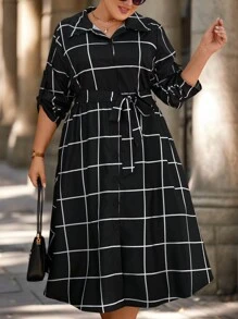 SHEIN Clasi Plus Size Black & White Plaid Button Down Shirt Dress With Self-Tie Waist Belt, A-Line Pockets, Elegant Simple Versatile Casual Midi Dress - Black and White - View 3