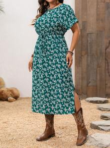 EMERY ROSE Plus Size Summer Vacation Casual Ditsy Floral Wrap Dress, Western Wear - Green - View 4