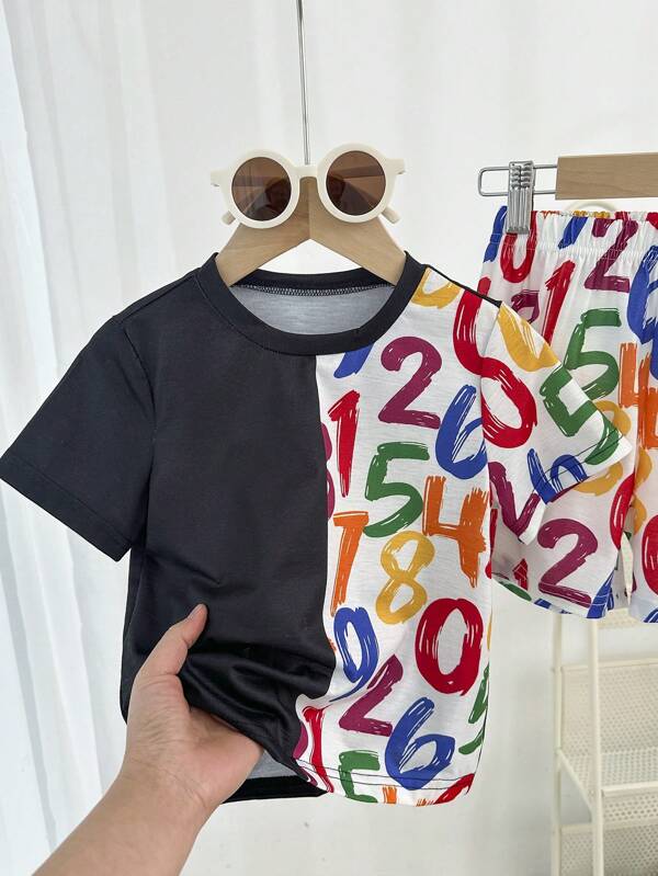 Set 2 bucăți: tricou cu mânecă scurtă cu model colorat de numere de dopamină și pantaloni scurți asorți, stil la modă pentru băiețelul de purtat la școală, ieșiri și toate anotimpurile