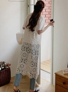 DAZY 女士蕾丝中长款背心式长款罩衫假日花朵夏季度假海滩 - 杏色 - 查看 2