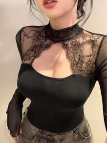 DAZY ملابس علوية نسائية بربطة خلفية من الدانتيل والتصميم المفرغ، مناسبة لعيد الحب، بأكمام طويلة، ملابس علوية خروج للنساء - الأسود - مشاهدة 4