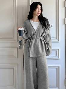 DAZY 2pcs Women Knitted Sweater Set For Spring Casual Outfits,Fall Clothes - Grey - View 1