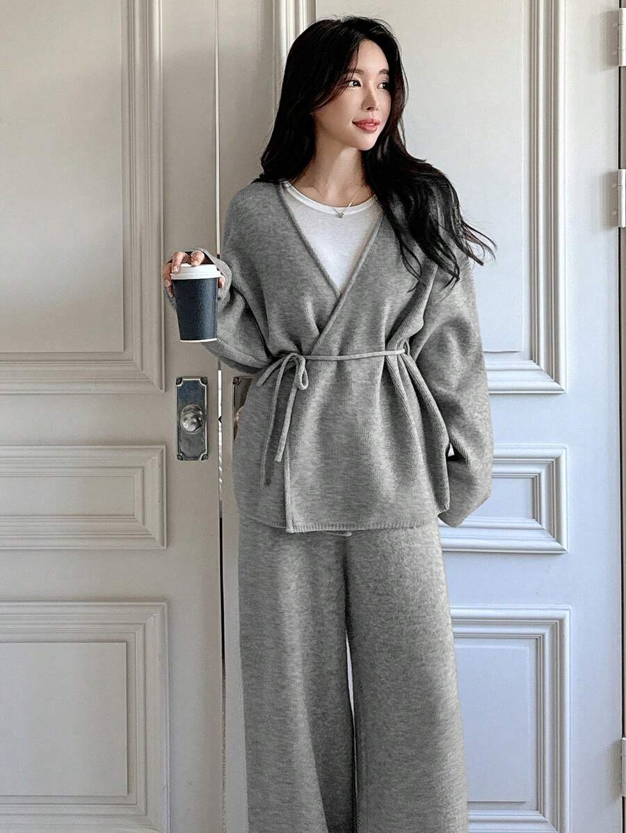 DAZY 2pcs Women Knitted Sweater Set For Spring Casual Outfits,Fall Clothes - Grey - View 1