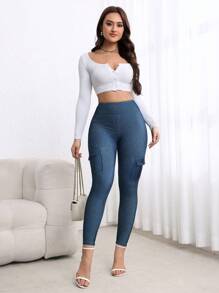 SHEIN EZwear Women's Cargo Pockets Skinny Casual Jeans, Versatile