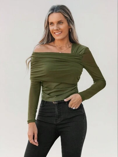 SHEIN LUNE 女士不对称橄榄绿色单肩长袖打底 T 恤