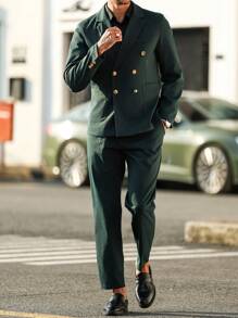 Manfinity Bizformal Men's Business/Commute Double-Breasted Jacket And Pants Suit Set - Dark Green - View 1