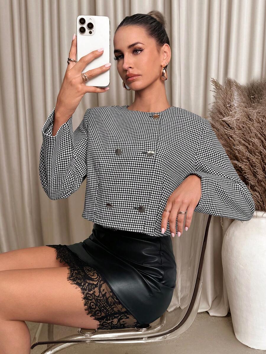 SHEIN Clasi 女式短款轻便夹克，长袖，千鸟格印花黑白配金属纽扣，秋冬 - 黑與白 - 查看 1