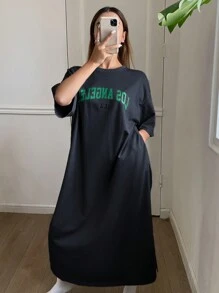 Livesso 字母图案装饰宽松休闲连衣裙，Moo Moo 睡衣 - 藏蓝色 - 查看 3