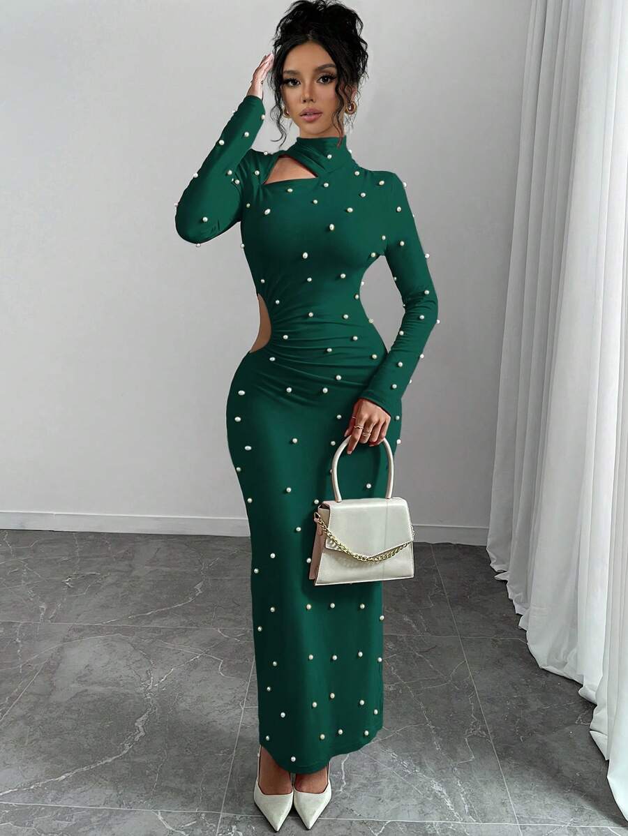 Rafferiza New Design Blogger Pearl Hollow-Out Long Knit Dress For New Year Clothes Fall Cloth For Women - Green - View 1