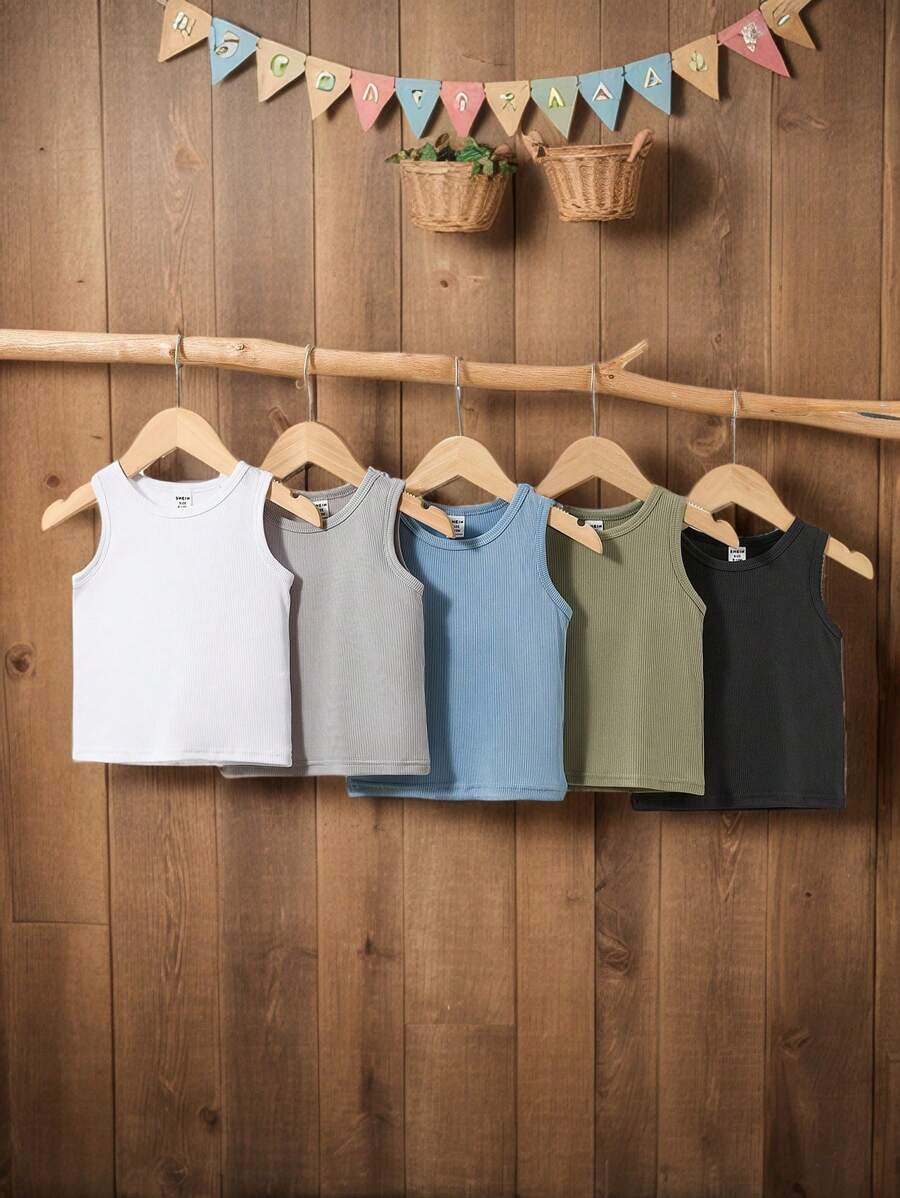 5pcs/Set Baby Boys' Sleeveless Vests, Solid Colors, Ribbed Fabric With Excellent Elasticity, Suitable For Summer Occasions, Great Value