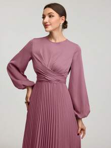 Modelyn 女士优雅纯色灯笼袖系腰褶边朴素长袖连衣裙，春夏长款晚礼服 - 粉色 - 查看 7