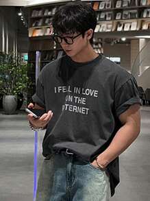 DAZY Men's Summer Letter Print Grey Round Neck Short Sleeve T-Shirt